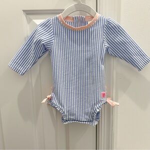 Ruffle Butts Blue & White seersucker swimsuit 3-6m